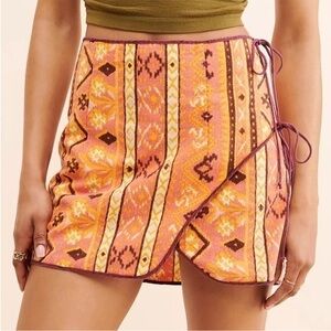 Free People Mini Orange Yellow Brown Faux Wrap Skirt, Cute Side Tie Bows, Sz 10
